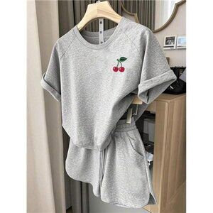 INAWLY 2pcs/Set Women Cherry Print Round Neck Short Sleeve T-Shirt And Shorts